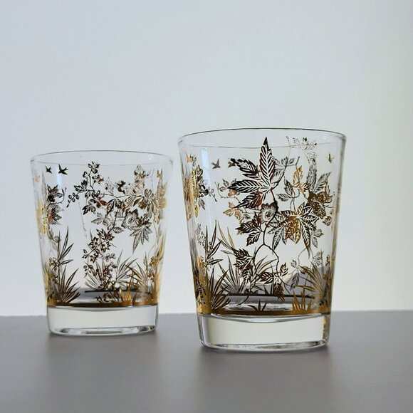 Vintage MCM Clear & 22K Gold Foil Leaves Double Old Fashioned Tumbler Set of 2 - Picture 2 of 10